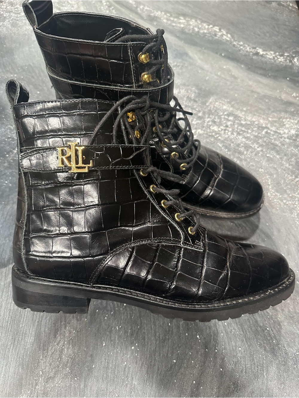 Ralph Lauren Black Croc-Embossed Lace-Up Combat Boots with Gold RL Emblem